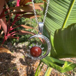 NEW Red Jasper Crescent Sun Pendant Necklace